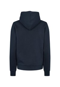 Sweat à capuche bleu marine foncé uni, vu de dos, avec manches longues et poignets côtelés.
