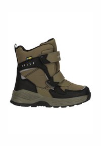 Botte d'hiver imperméable olive verte avec des accents synthétiques noirs, une pointe renforcée et deux bandes Velcro pour un maintien sécurisé.