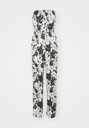 Jumpsuit bez ramiączek w czarno-białym wzorze kwiatowym z elastycznym paskiem w talii i szerokimi nogawkami. Materiał wydaje się lekki i gładki.