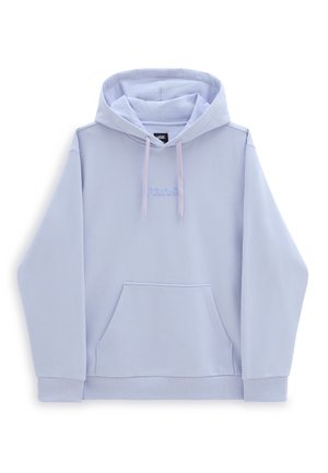 Jasnoniebieska bluza Vans z kapturem, przednią kieszenią, sznurkiem przy kapturze i subtelnym wytłaczanym logo na piersi, przedstawiona na białym tle.