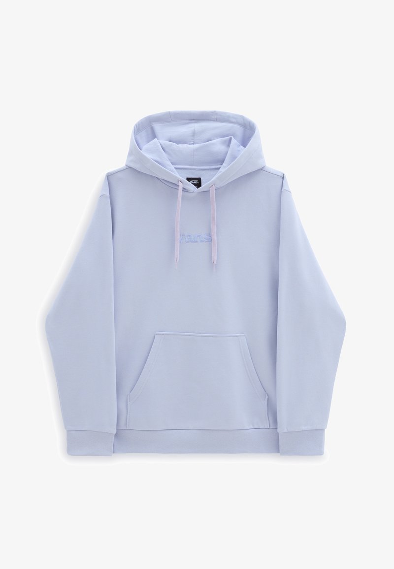 Sweat à capuche Vans bleu clair avec poche avant, capuche à cordon et logo discrètement embossé sur la poitrine, présenté sur fond blanc.