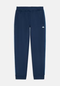 Pantalon de survêtement bleu marine avec taille élastique, poches latérales et rayures bleu clair sur l'extérieur. Tissu doux avec un design de jambe fuselée.
