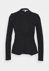 Černé texturované sako s kulatým výstřihem, dlouhými rukávy, předním zapínáním na zip a dvěma bočními kapsami. Střih na míru a hladký povrch.