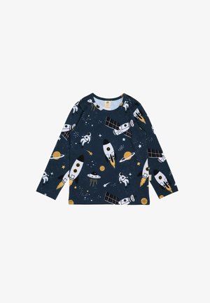 Marineblaues Langarmshirt aus Baumwolle mit einem Weltraumthema, das Raketen, Astronauten, Planeten und Sterne in weißen, gelben und schwarzen Grafiken zeigt.