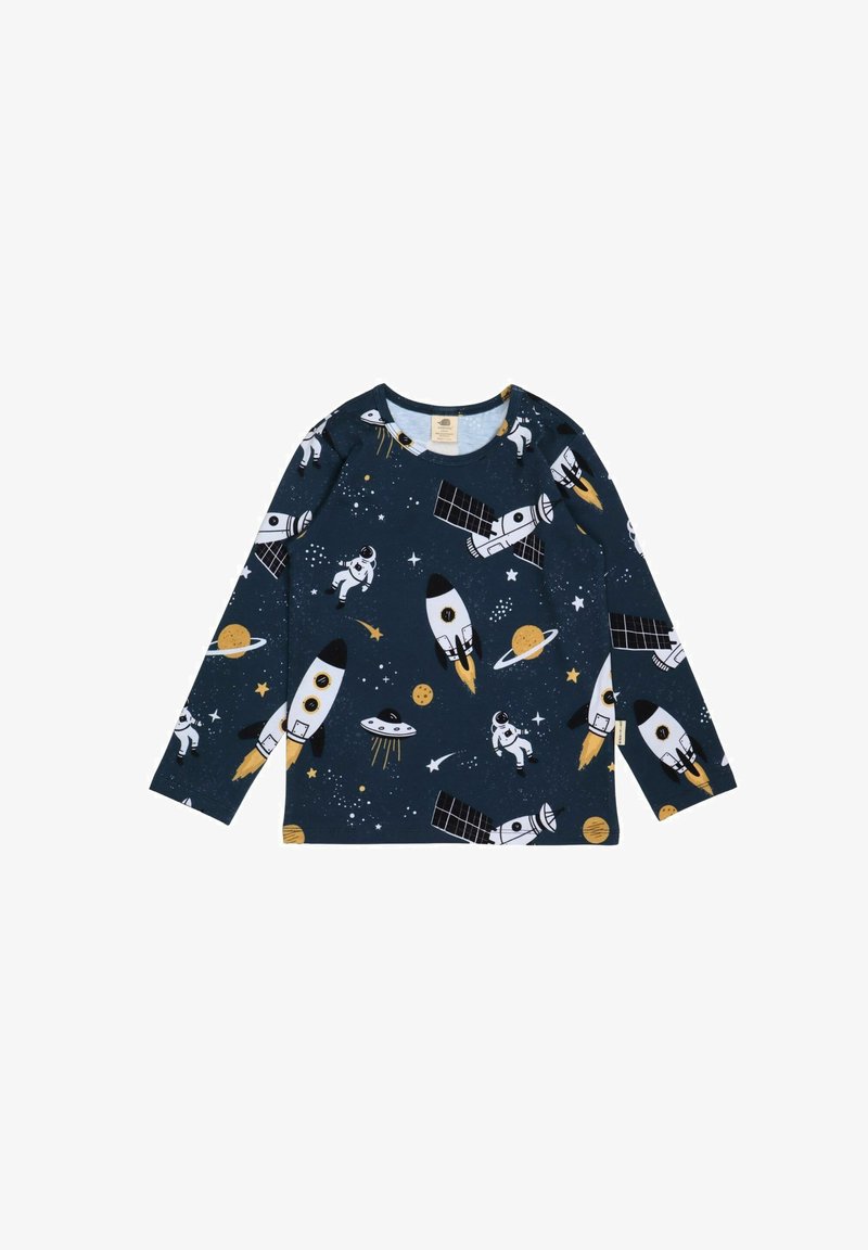 Marineblaues Langarmshirt aus Baumwolle mit einem Weltraumthema, das Raketen, Astronauten, Planeten und Sterne in weißen, gelben und schwarzen Grafiken zeigt.