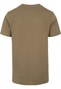 Olivenfarvet t-shirt med korte ærmer og rund hals, lavet af glat stof. Bagsiden har et enkelt, udekoreret design.