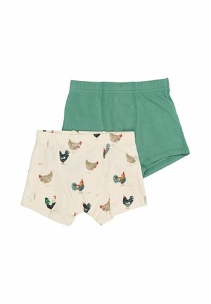 Kaks paari poiste aluspükse: üks üksik roheline, teine kreemikas erinevate värviliste kana printidega. Pehme kangas, elastne vöökoht ja lühike stiil.