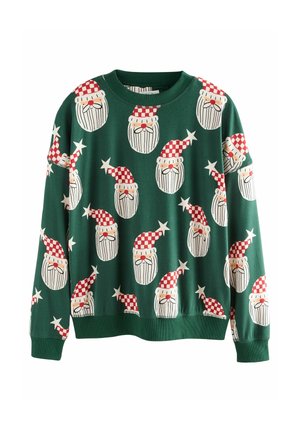 Zelen sweatshirt z ponavljajočim se vzorcem pridružitvenih obrazov Santa z belimi bradami in rdečimi kockastimi klobuki, ki je opremljen z rebrastim ovratnikom in manšetami.