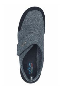 Men’s gray felt slipper with black trim, adjustable Velcro strap, and cushioned insole labeled "Fly Flot comfort made in Italy."
