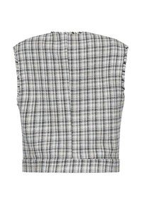 Gråternet cropped top med en frynset kant. Har et ternet mønster i sort, hvidt og dæmpede farver. Uden ærmer med en struktureret design.