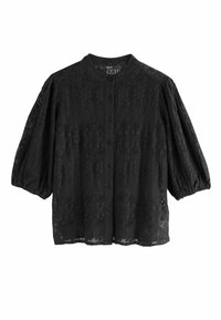 Schwarze Spitzenbluse mit kragenförmigem Ausschnitt, Knöpfen auf der Vorderseite und gepufften Ärmeln mit floralen Mustern und strukturierten Details.