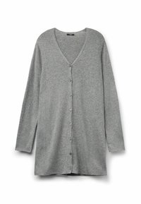 Grauer langer Cardigan mit V-Ausschnitt, ausgestattet mit einer gerippten Textur und einer einzelnen Knopfreihe. Das Material scheint weich und warm zu sein.