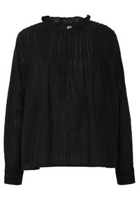 Svart långärmad blus med vertikala ränder, volangkrage och en avslappnad passform. Tillverkad av lätt tyg med texturerade detaljer.