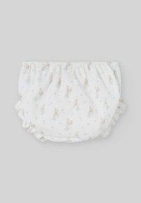 Culotte en coton blanc avec une taille froncée, ornée d'une impression subtile de lapins et de fleurs, et de bords volants pour un détail supplémentaire.