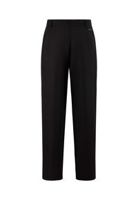 Zwarte broek met een rechte pasvorm, een middelhoge tailleband en een gladde stofstructuur. Inclusief zijzakken en een logo-accent.