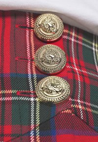 Röd och grön rutig tyg med guldknappar i form av lejonhuvuden, med intrikata detaljer och textur, placerade längs plaggets framsida.