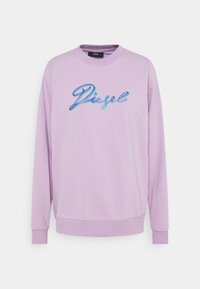 Light purple long-sleeve sweatshirt with ribbed cuffs and hem, featuring "Diesel" in large blue and turquoise script on the chest.