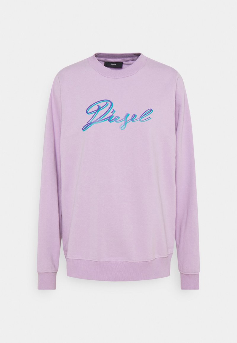 Light purple long-sleeve sweatshirt with ribbed cuffs and hem, featuring "Diesel" in large blue and turquoise script on the chest.