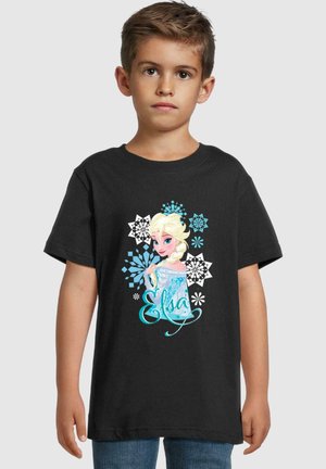 Must have tumeeline t-särk musta puuvillast, millel on jääkuninganna Elsa graafika, sinised aktsendid, lumekristallid ja nimi "Elsa" stiliseeritud tekstiga.