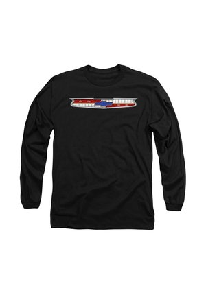 Black long-sleeve shirt featuring a horizontal, multi-colored graphic with red, blue, and white elements, and decorative silver accents.