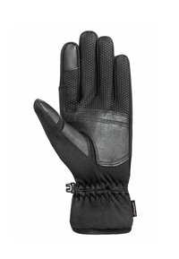 Schwarzer Handschuh mit einer strukturierten Lederhandfläche, flexiblem Stoffrücken, verstärkten Fingern und einem verstellbaren Handgelenkriemen für einen sicheren Sitz.