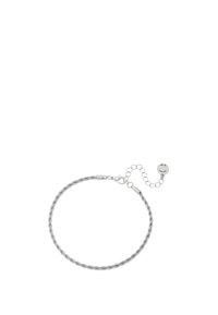 Bracelet en chaîne torsadée argentée avec fermoir mousqueton, comprenant une chaîne ajustable et un petit charme rond. Texture lisse et finition brillante.