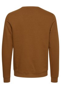 Sweat-shirt marron à manches longues avec col rond, montré de dos avec poignets et ourlet côtelés.