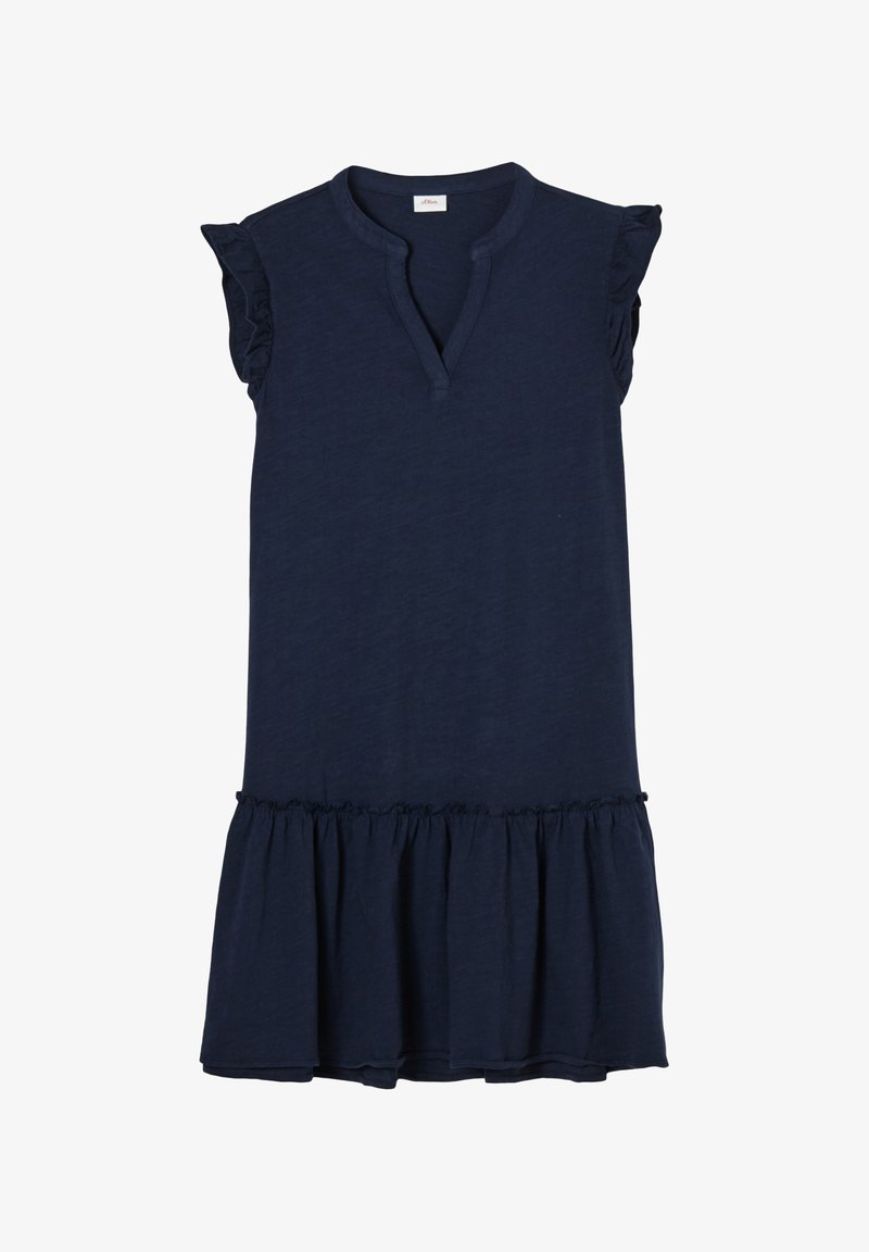 Robe sans manches bleu foncé avec des manches courtes à volants, un décolleté en V et un ourlet de jupe froncé.