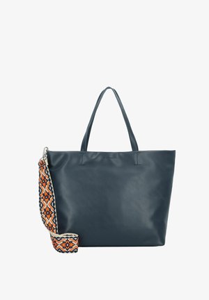 Sac en cuir marine avec deux courtes anses et une bandoulière amovible à motifs, présentant des designs géométriques en orange et crème.