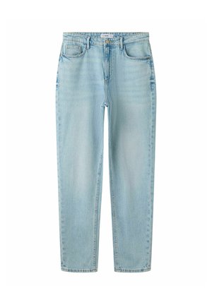 Jean denim bleu clair taille haute, coupe droite, avec poches avant, passants de ceinture et fermeture à bouton.