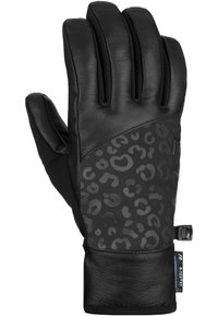 Guanto in pelle nera con pannello a stampa leopardata, dita texture e polsino nero. Fibbia a clip al polso per la regolazione.