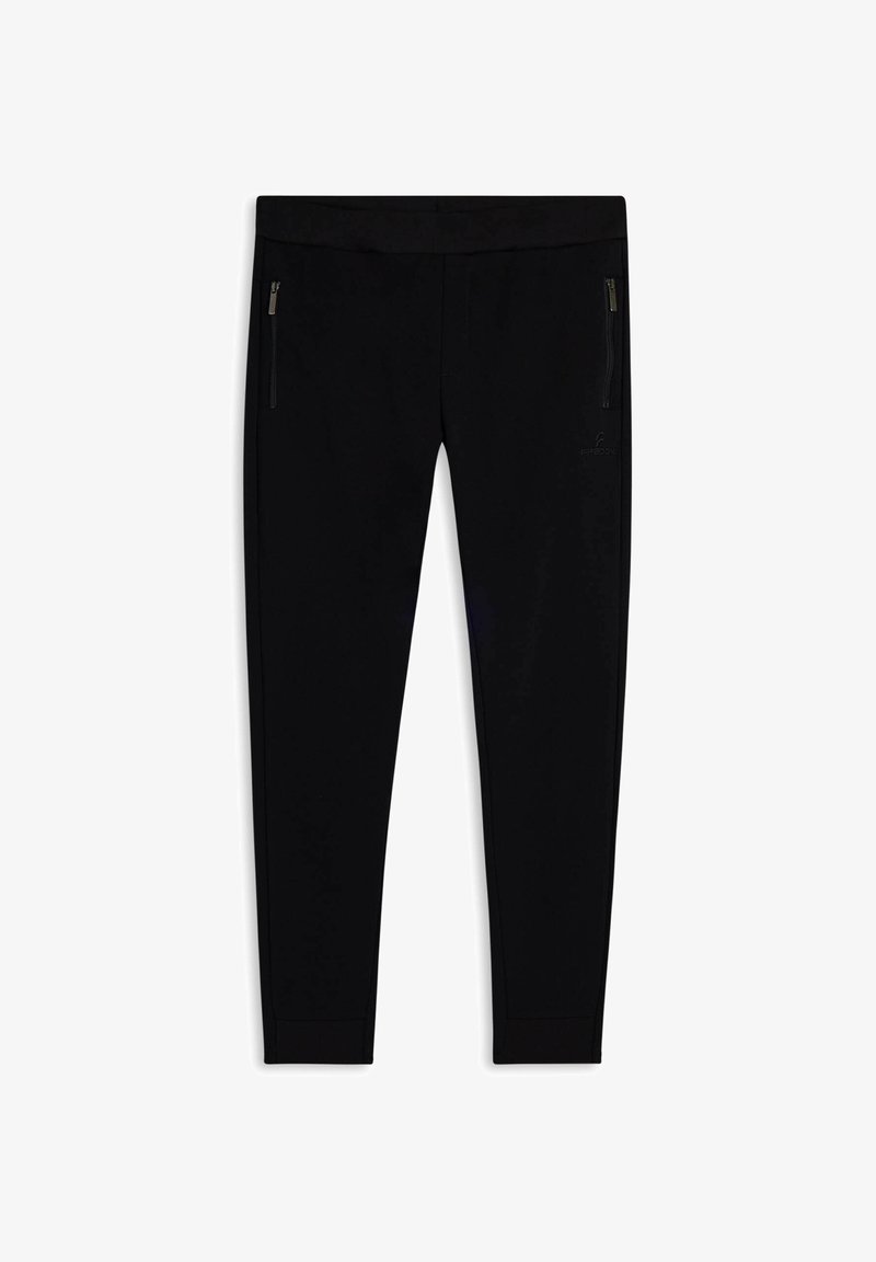 Leggings deportivos negros hechos de un material elástico que cuentan con dos bolsillos con cremallera y un diseño ajustado con una textura suave.