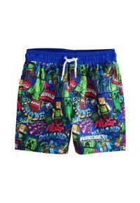 Badeshorts i multifarvet stof med et Minecraft-tema grafisk design, elastisk linning med blå kant og hvid snor.