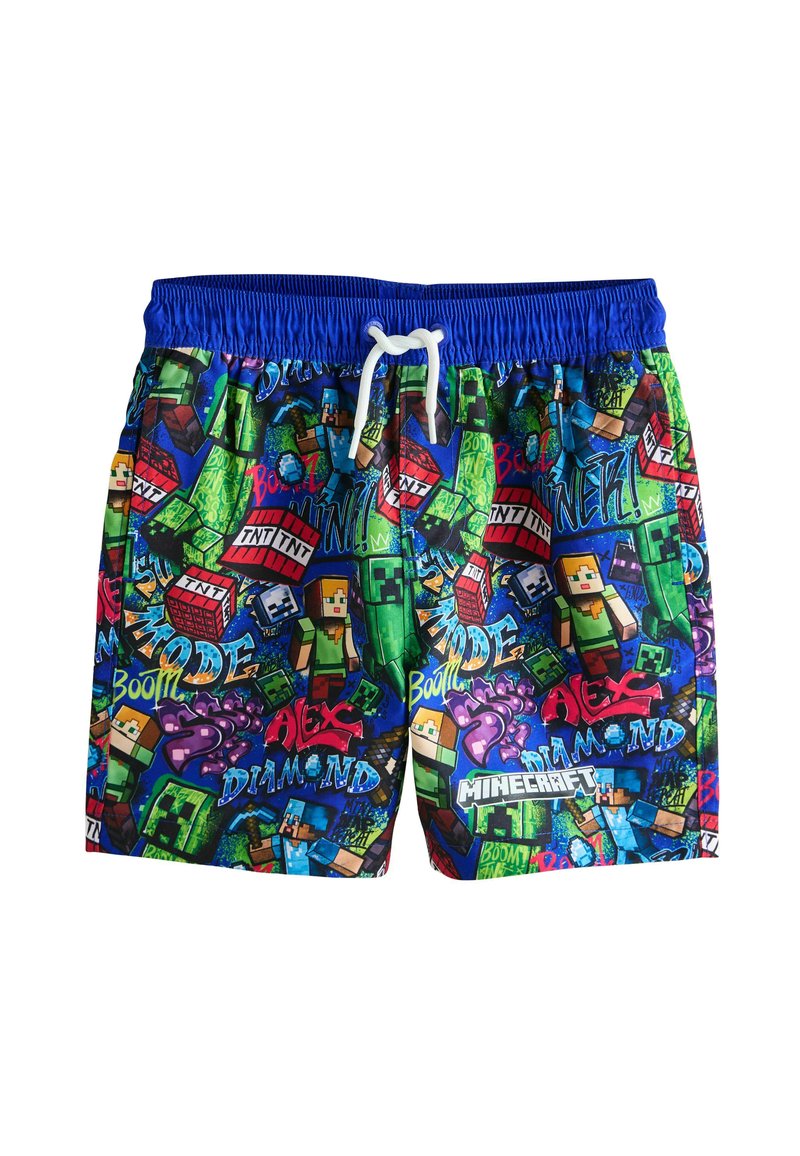 Peldēšanas šorti daudzkrāsainā audumā ar Minecraft tēmas grafisko dizainu, elastīga josta ar zilu apmali un baltu auklu.