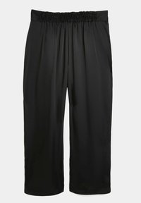 Pantaloni neri a gamba larga con vita arricciata, realizzati in un tessuto leggero e liscio, dotati di tasche laterali e design semplice.