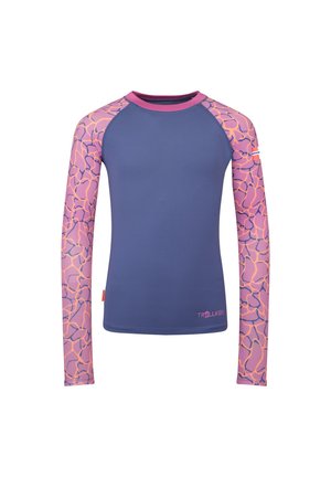 Langarm Kinder-Rashguard mit einfarbig dunkelblauem Körper und rosa gemusterten Ärmeln mit orangefarbenen und lila abstrakten Linien.