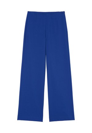 Pantaloni a gamba larga, blu, realizzati in tessuto liscio. Presentano una vita alta con morbide pieghe frontali e una chiusura con zip laterale. Senza tasche.