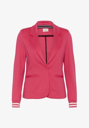 Blazer rose avec un design ajusté et des revers crantés, doté de deux poches avant et d'accents rayés sur les poignets. Tissu doux et texturé.