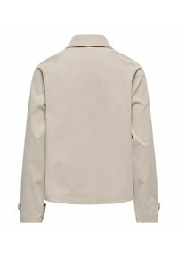 Beige jakke med lange ermer, krage og knappede mansjetter, vist bakfra mot en hvit bakgrunn.