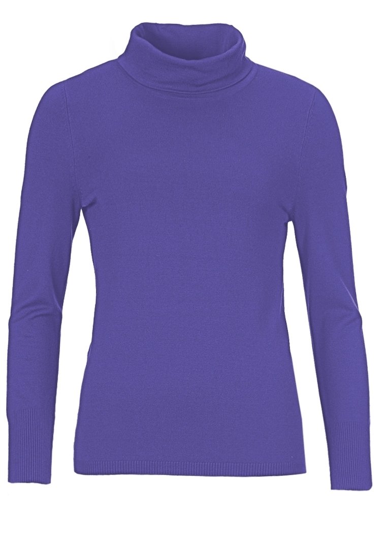 Fialový rolák se dlouhými rukávy, vyrobený z hladkého pleteného materiálu. Má vysoký límec a žebrované detaily na manžetách a spodním lemu.