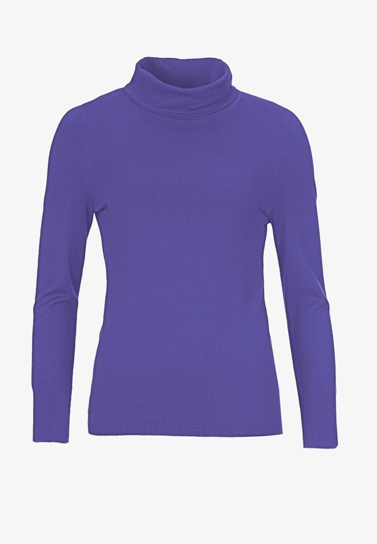 Fialový rolák se dlouhými rukávy, vyrobený z hladkého pleteného materiálu. Má vysoký límec a žebrované detaily na manžetách a spodním lemu.