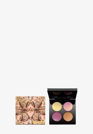 Palette di ombretti con quattro cialde rotonde: oro metallizzato, rosa, viola e bronzo. La custodia presenta un design rosa con accenti che ricordano gemme.
