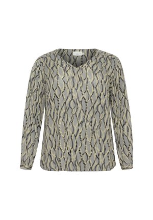 Långärmad blus i lätt tyg, med en grå bas och gula samt svarta vågmönster. V-ringad design, avslappnad passform.