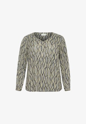 Long-sleeve blouse in lightweight fabric, featuring a gray base with yellow and black wavy patterns. V-neck design, relaxed fit.