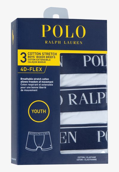 Poiste bokserid kolmekaupa hingavast puuvillasegust. Värvid on meresinine ja valge, elastse vöökohaga, millel on kiri "POLO RALPH LAUREN".