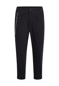 Pantaloni neri a sigaretta con vita elasticizzata, dotati di pieghe frontali e dettagli in catena argentata sul lato sinistro. Tessuto di trama liscia.