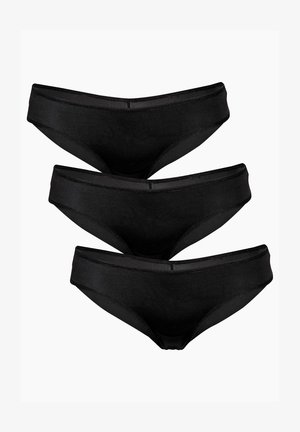 Tre paia di mutande nere in cotone con una texture liscia, design a vita bassa e cintura cucita. Nessun motivo o dettaglio visibile.