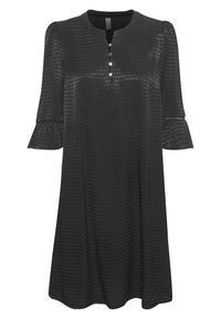 Svart klänning i texturerad tyg, med rund halsringning, tre knappar och 3/4 ärmar med klockform och ett subtilt mönster.