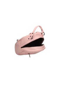 Borsa in pelle rosa con chiusura a zip, manico laterale e base testurizzata. Interno con fodera scura. Forma rettangolare compatta.