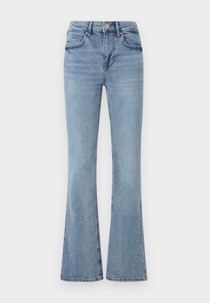 Helleblaue Jeans mit hoher Taille, Frontknopf und Rei�ßverschluss, fünf Taschen und leicht ausstellenden Beinen.